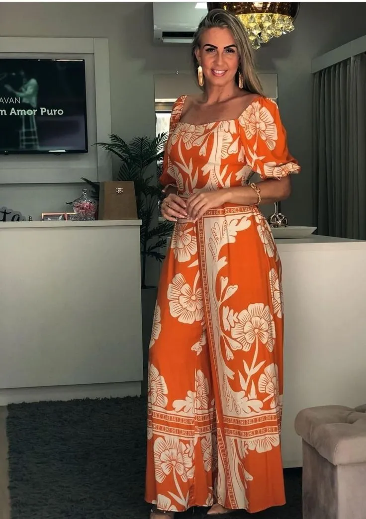 Women's Fashion Orange Floral Dress L S4602542