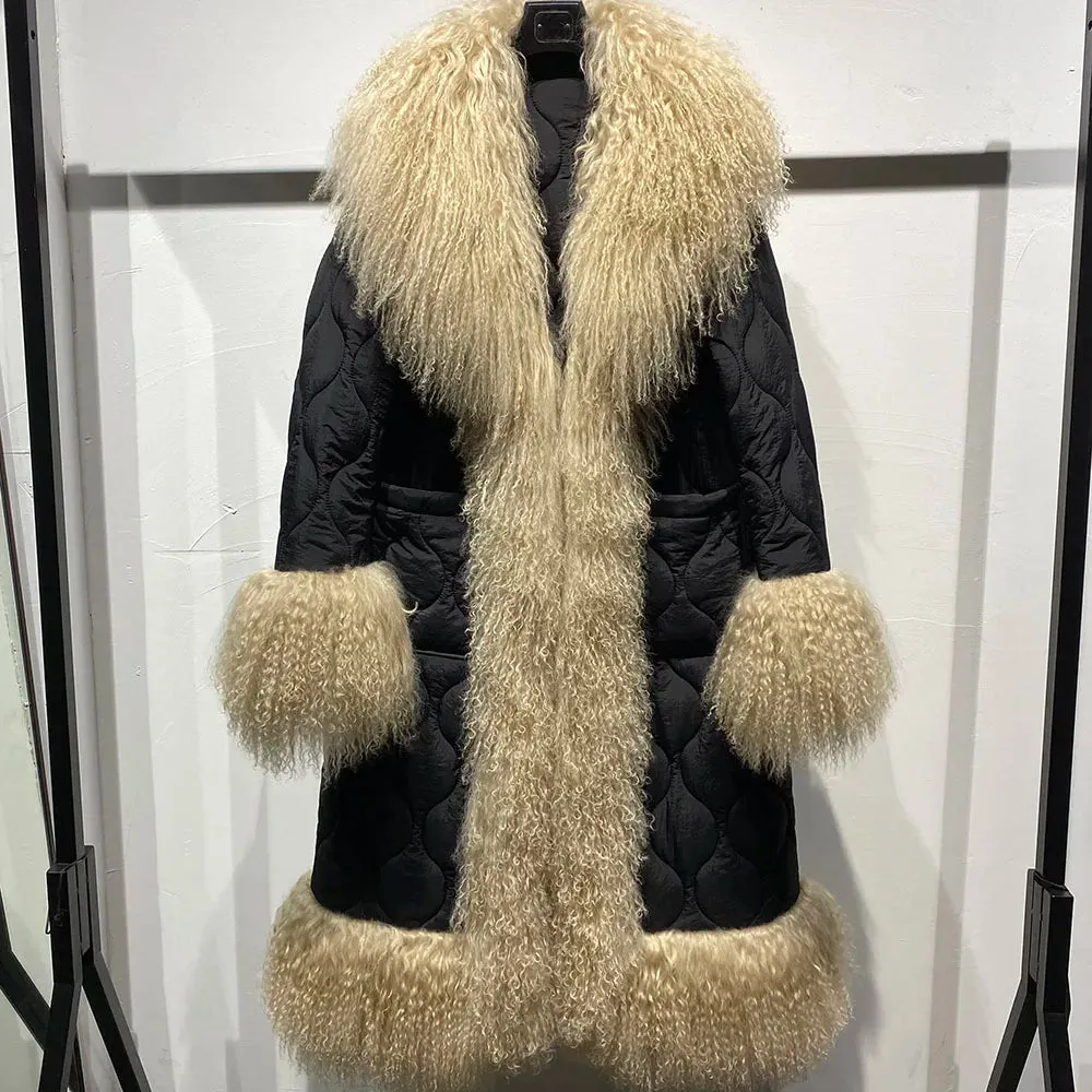 Women's Mongolian Sheep Curly Fur Quilted Coat