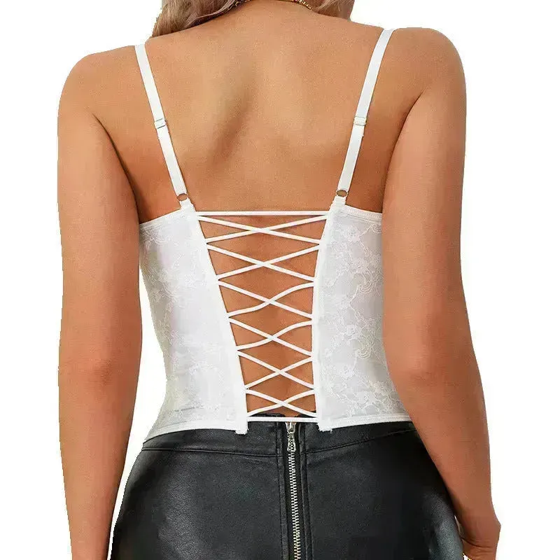 Women's Spaghetti Strap Top Fishbone Steel Ring Chest-wrapped Breasted Backless Corset Top for Women Camisole Top