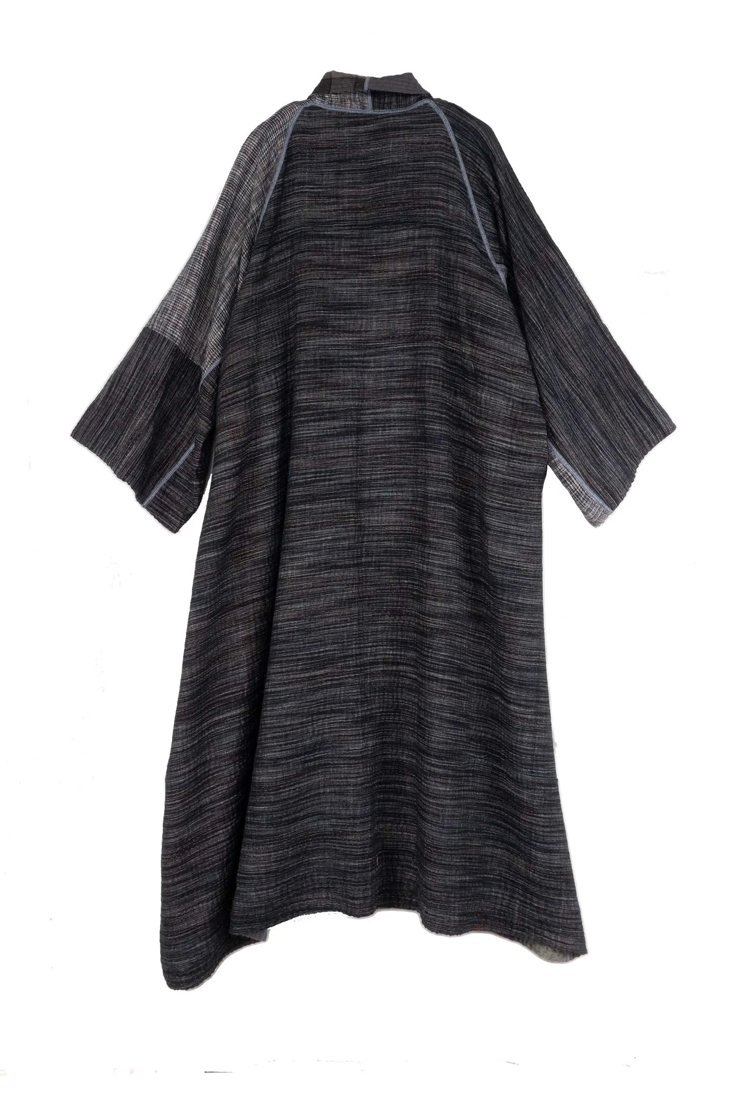 WOVEN IKAT & FRAYED PATCH KANTHA KIMONO ROBE - wk4322-gry -