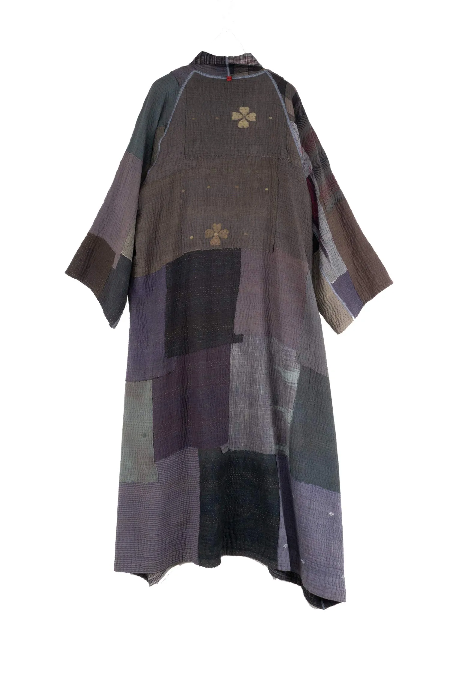 WOVEN IKAT & FRAYED PATCH KANTHA KIMONO ROBE - wk4322-gry -