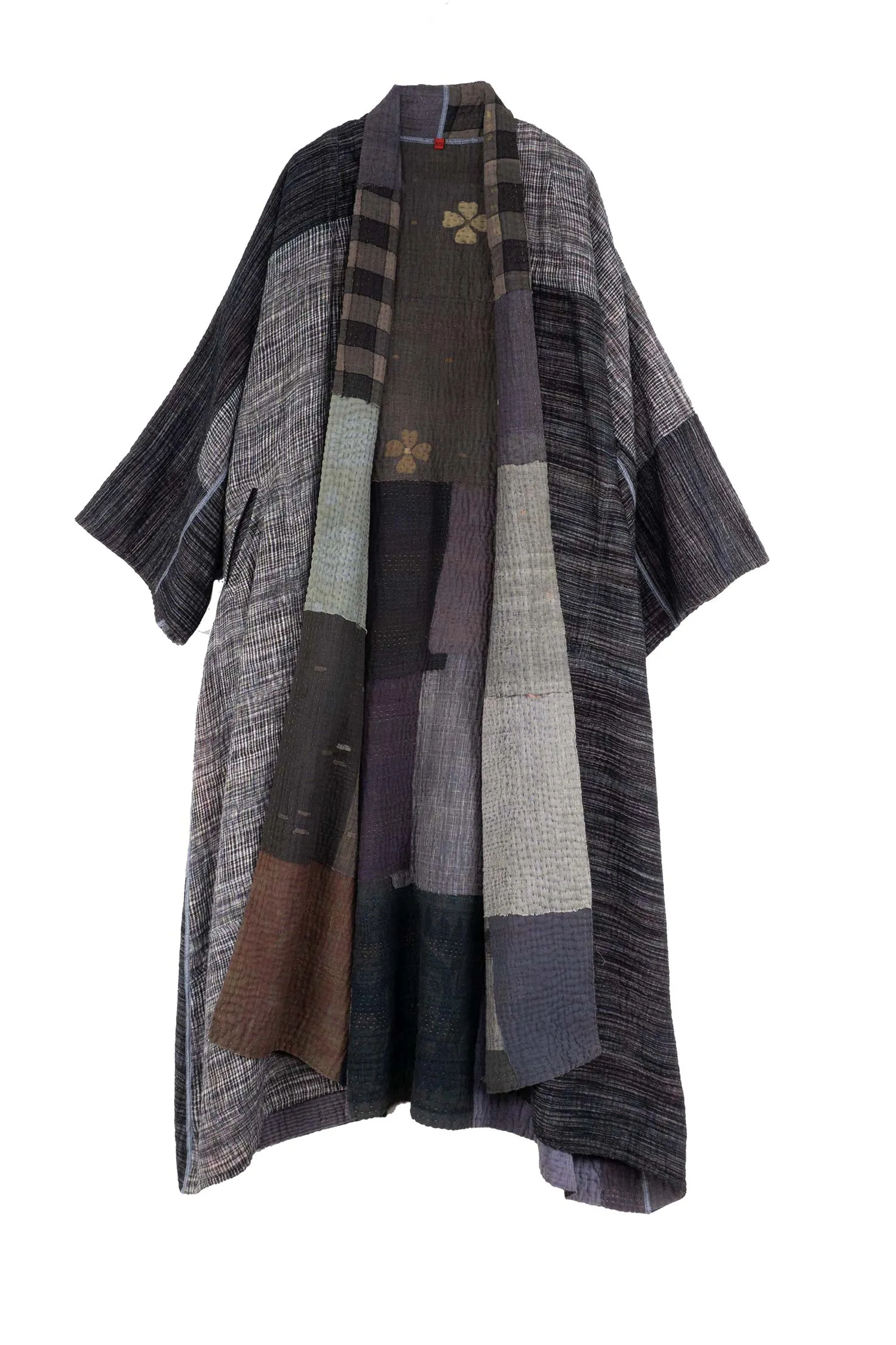 WOVEN IKAT & FRAYED PATCH KANTHA KIMONO ROBE - wk4322-gry -