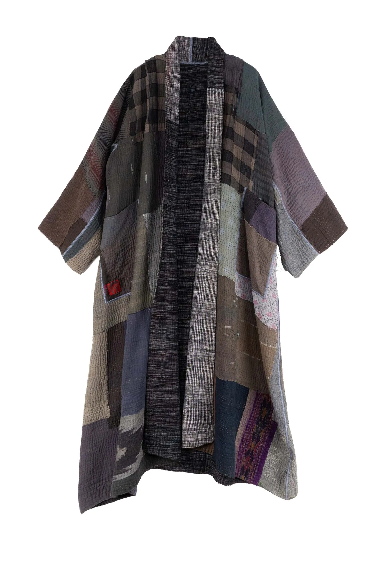 WOVEN IKAT & FRAYED PATCH KANTHA KIMONO ROBE - wk4322-gry -