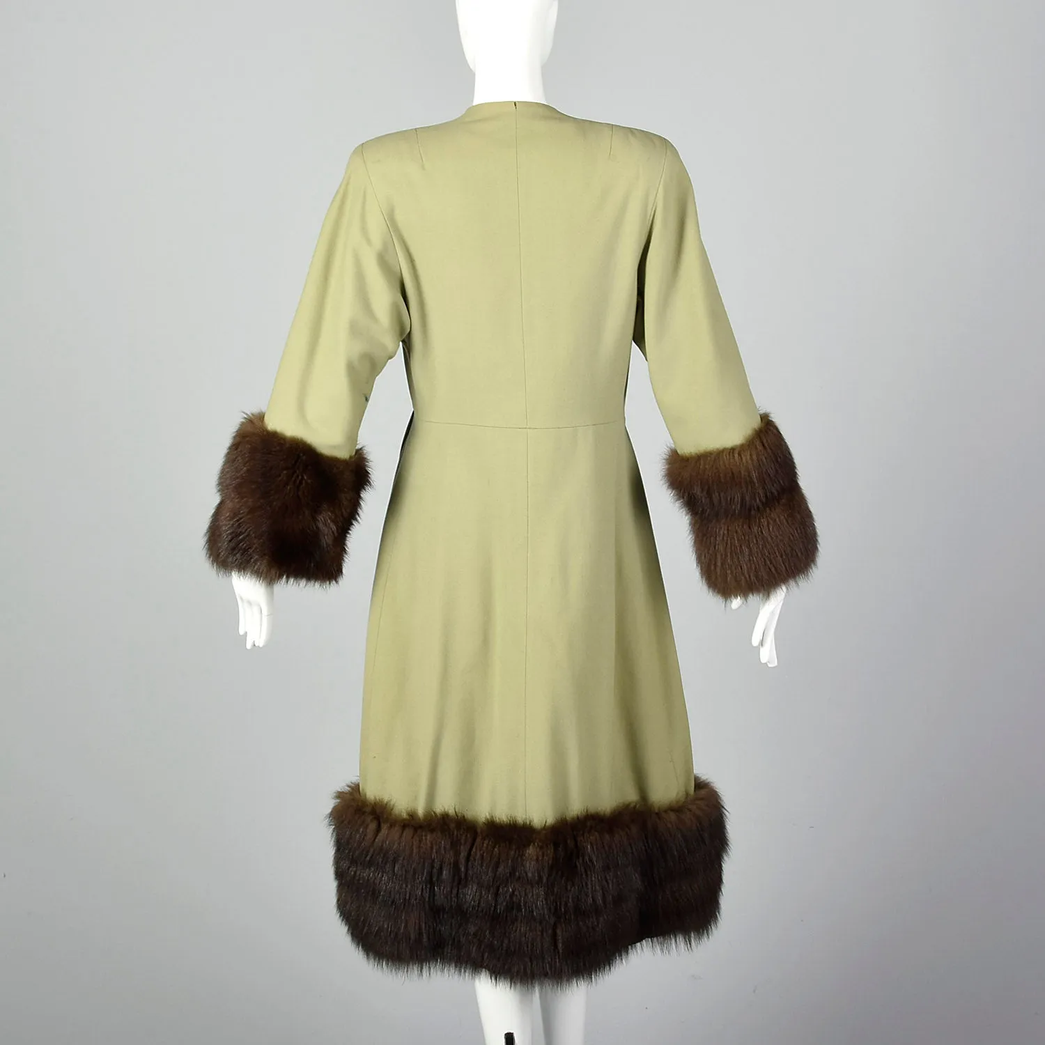 XS 1940s Pistachio Green Wool Coat with Fox Trim