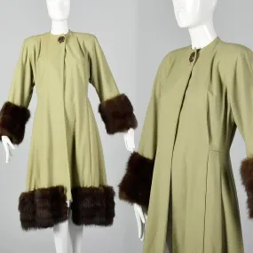 XS 1940s Pistachio Green Wool Coat with Fox Trim