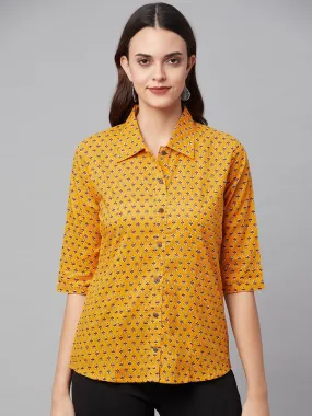 Yellow Block Printed Casual Women Shirts