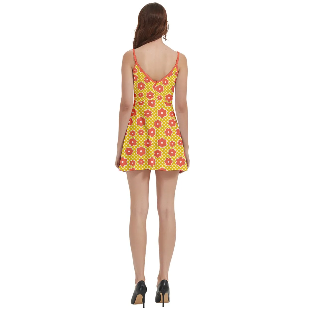 Yellow Orange Floral Dress | Mod Spaghetti Strap Mini | 60s Inspired Wrap Dress