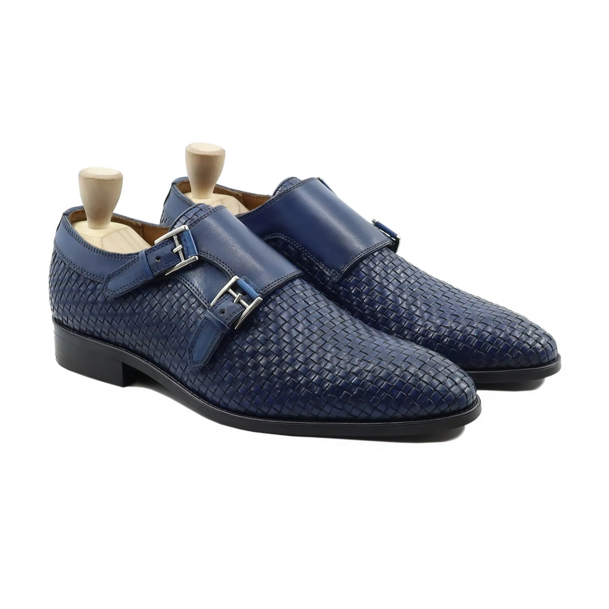 Zonite - Men's Blue Hand Woven Calf Leather Double Monkstrap